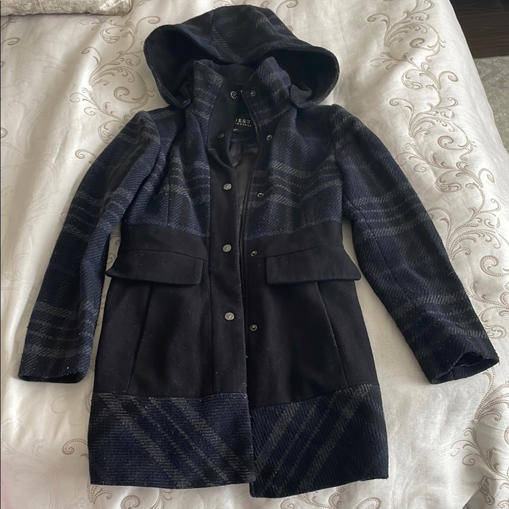 Guess Black Trench Coat with Hood and Wool-Blend